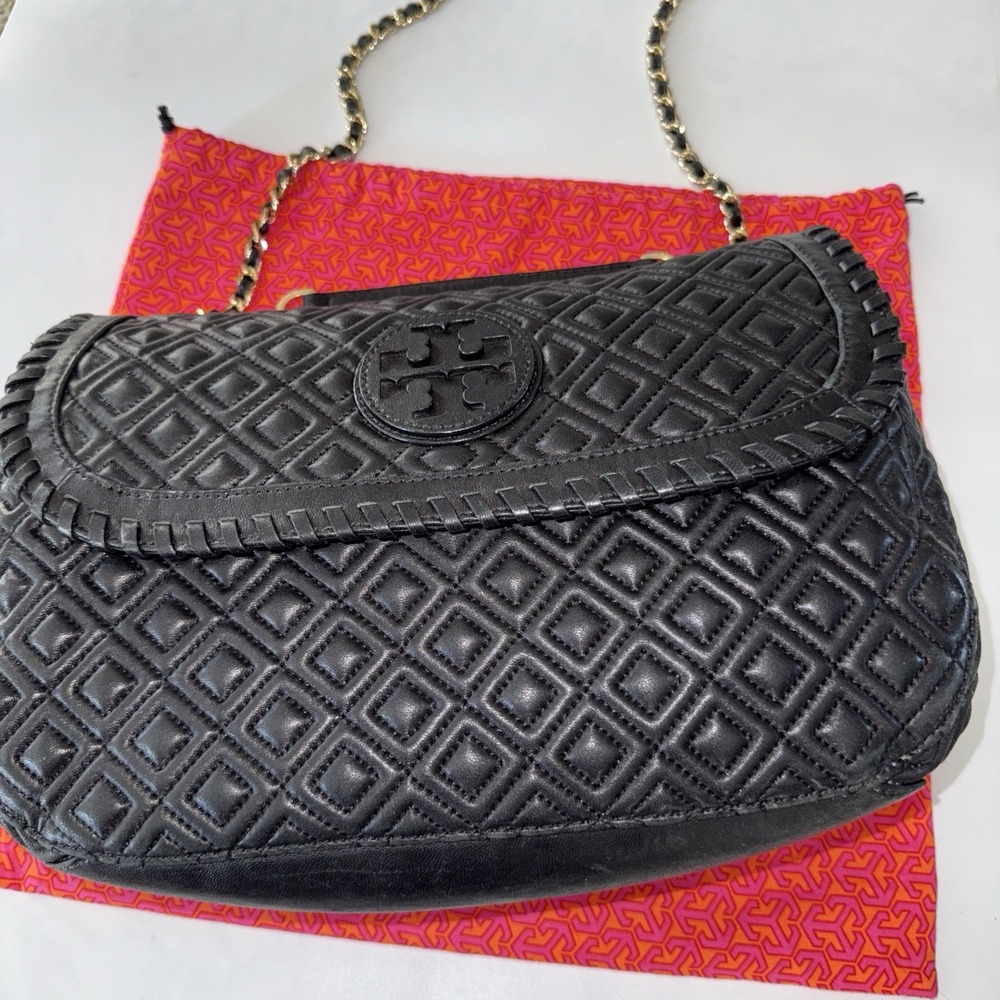 Tory Burch Marion Diamond Quilted Leather Chain Crossbody Shoulder‎ Bag Black